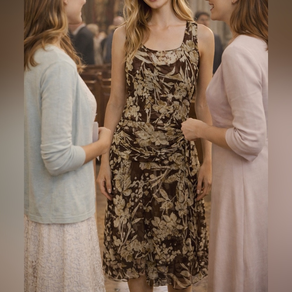 Anne Klein 100% Silk Floral Dress Sleeveless Brown Cream Wrap Waist Midi Dress - Picture 2 of 9